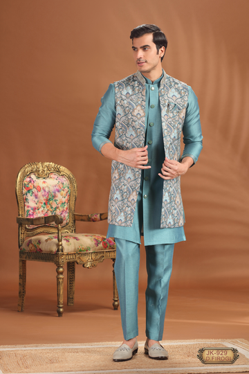 Pastel Teal Indo-Western Open Jacket Set for Men| Wedding & Sangeet Special