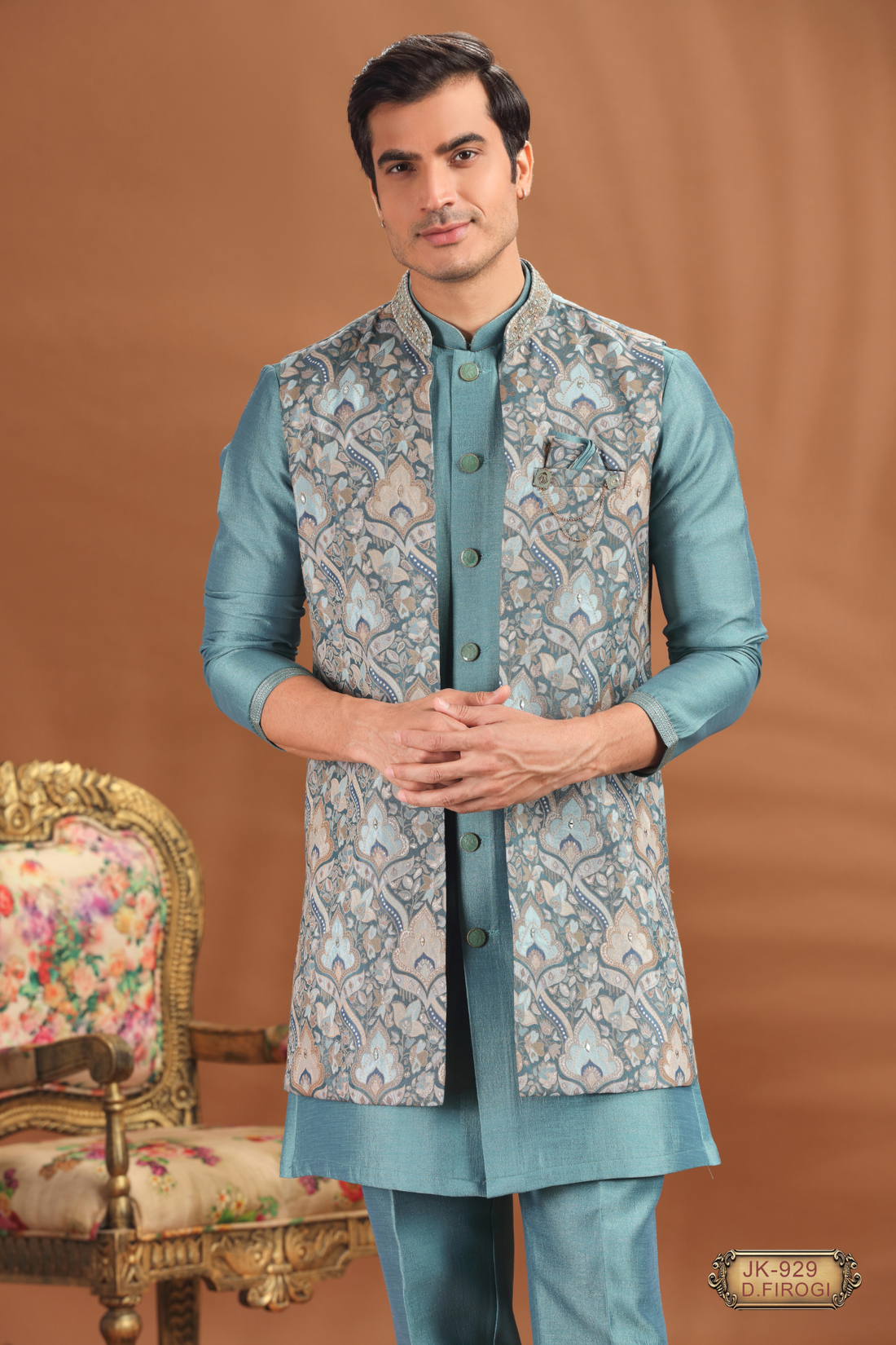 Pastel Teal Indo-Western Open Jacket Set for Men| Wedding & Sangeet Special