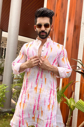 White Pink Tie and Die Cotton Linen Kurta Set