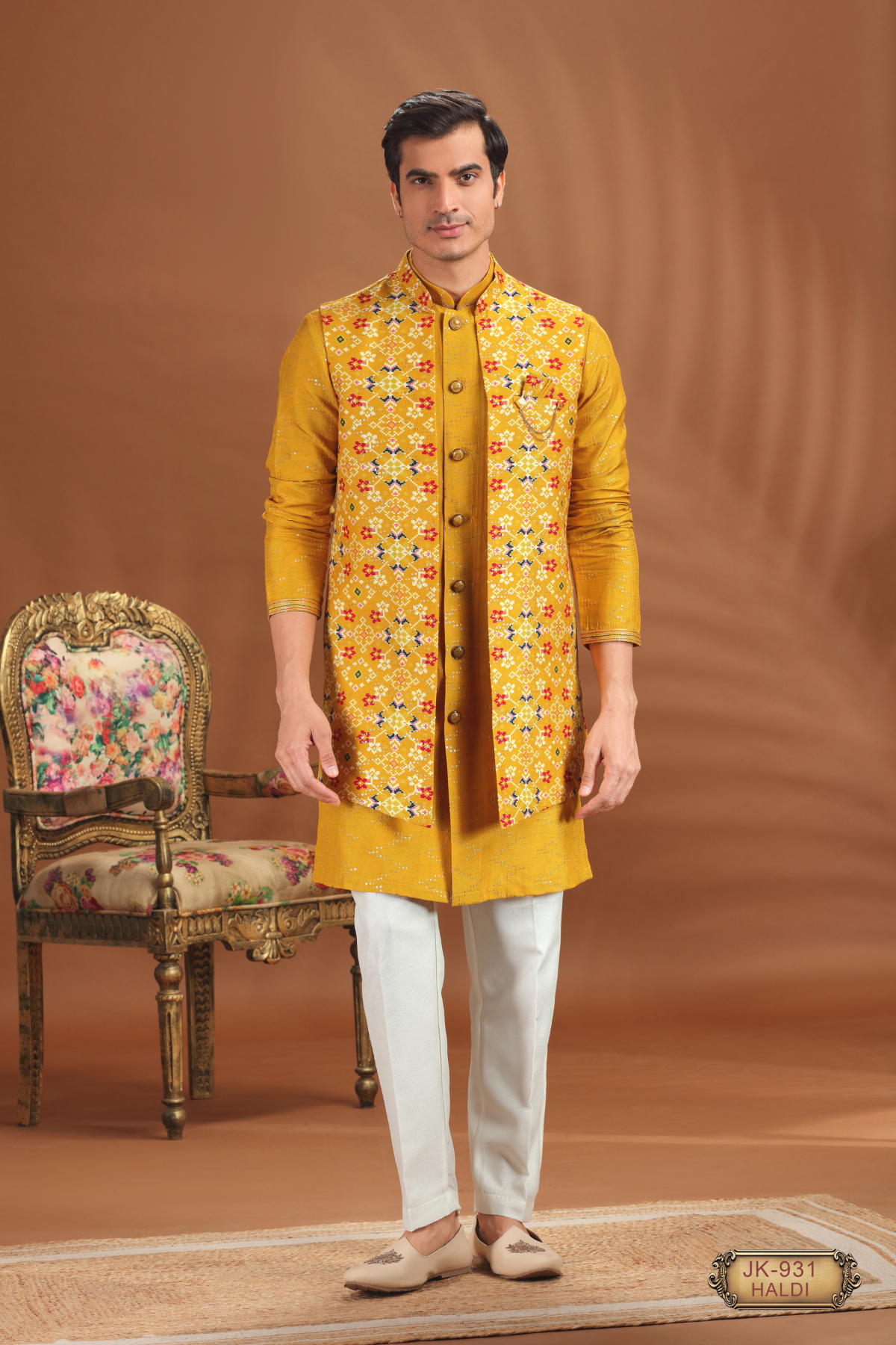 Groom Special Haldi Ceremony Open Jactket Indo-Western Set