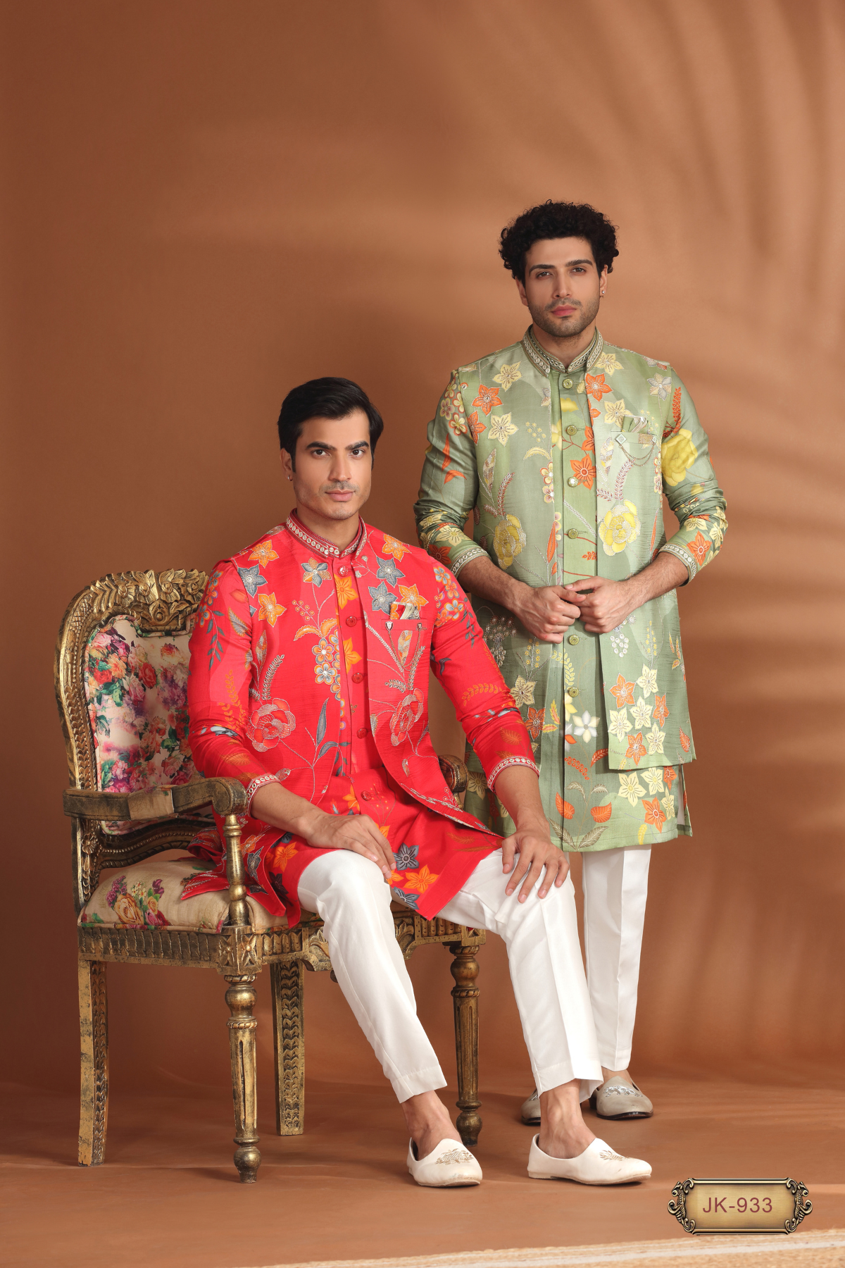 Floral Embroidered Festive Open Jacket Indo-Western Set (Red & Mint Green)