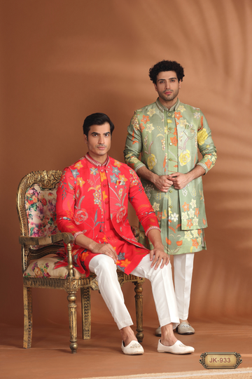 Floral Embroidered Festive Open Jacket Indo-Western Set (Red & Mint Green)