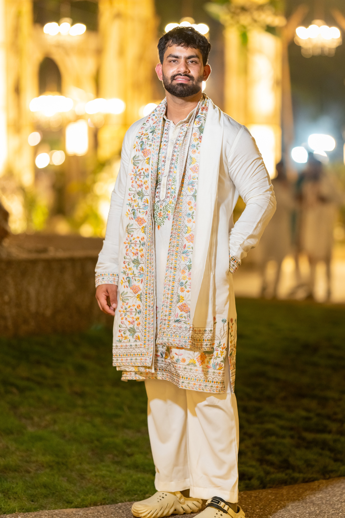 Ivory Multi-Thread Embroidered Kurta Pyjama For Men (Luxury Korean Pants)