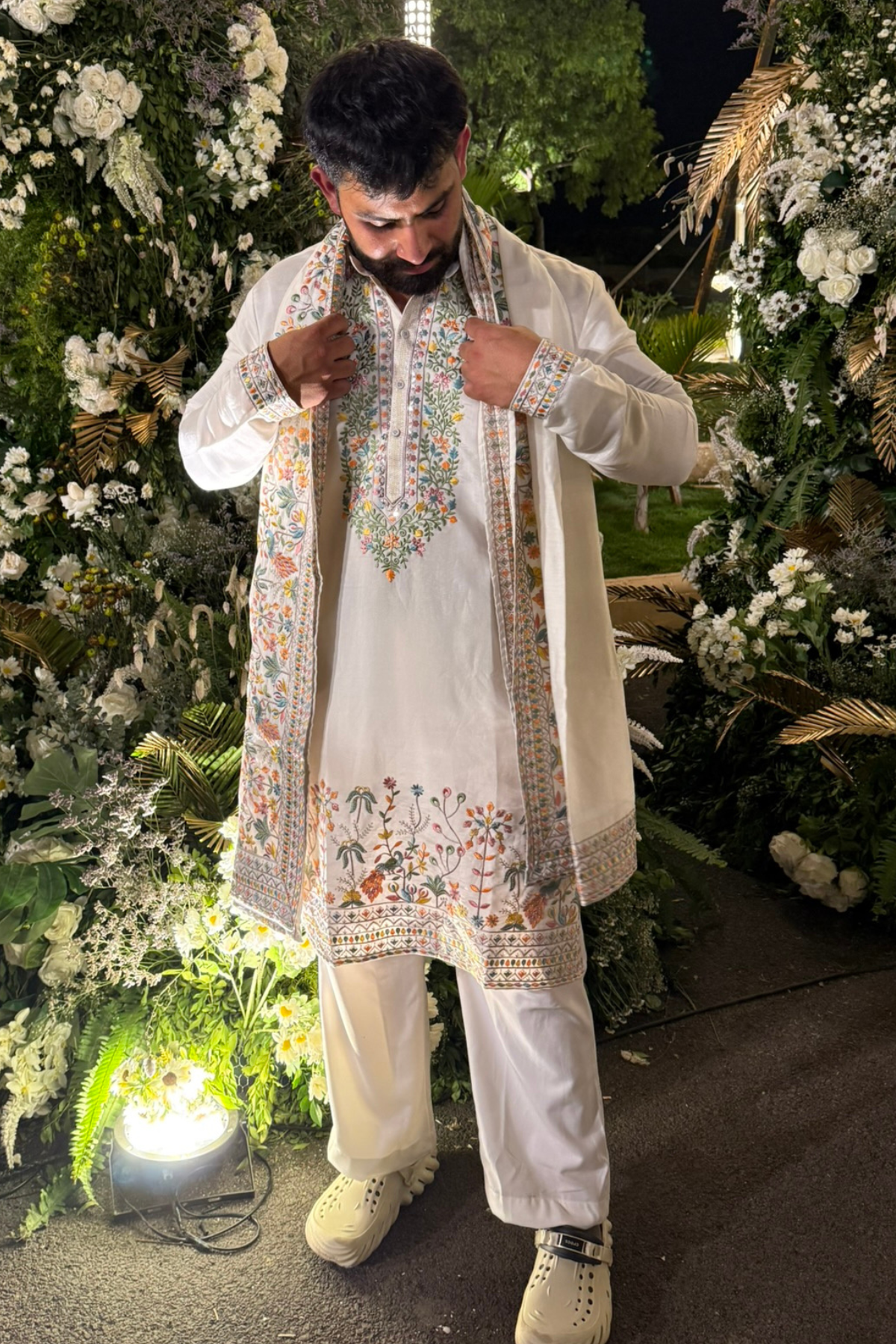 Ivory Multi-Thread Embroidered Kurta Pyjama For Men (Luxury Korean Pants)