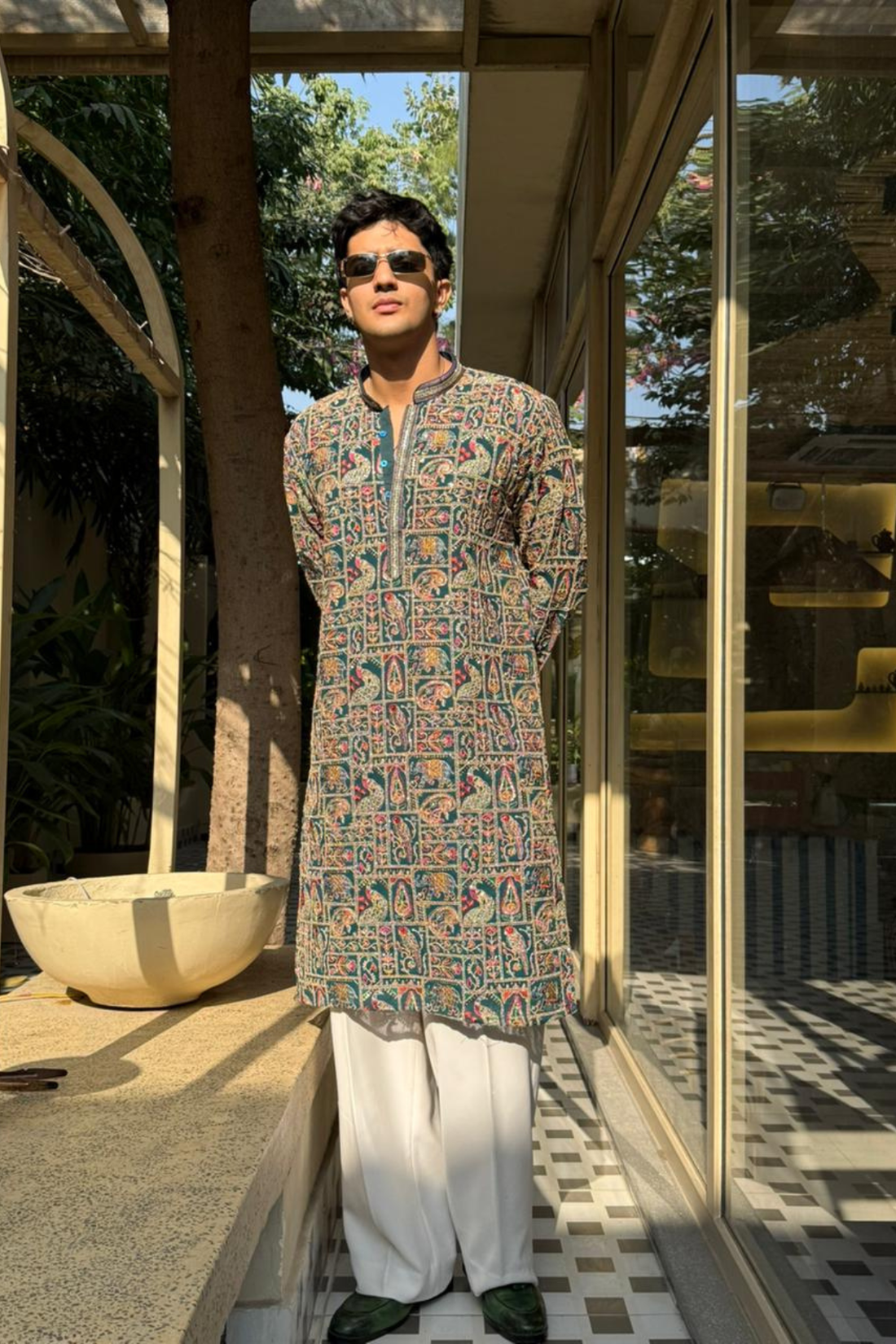 Peacock Artistry Kurta – Turquoise Green| Paired With Luxury Korean Pants