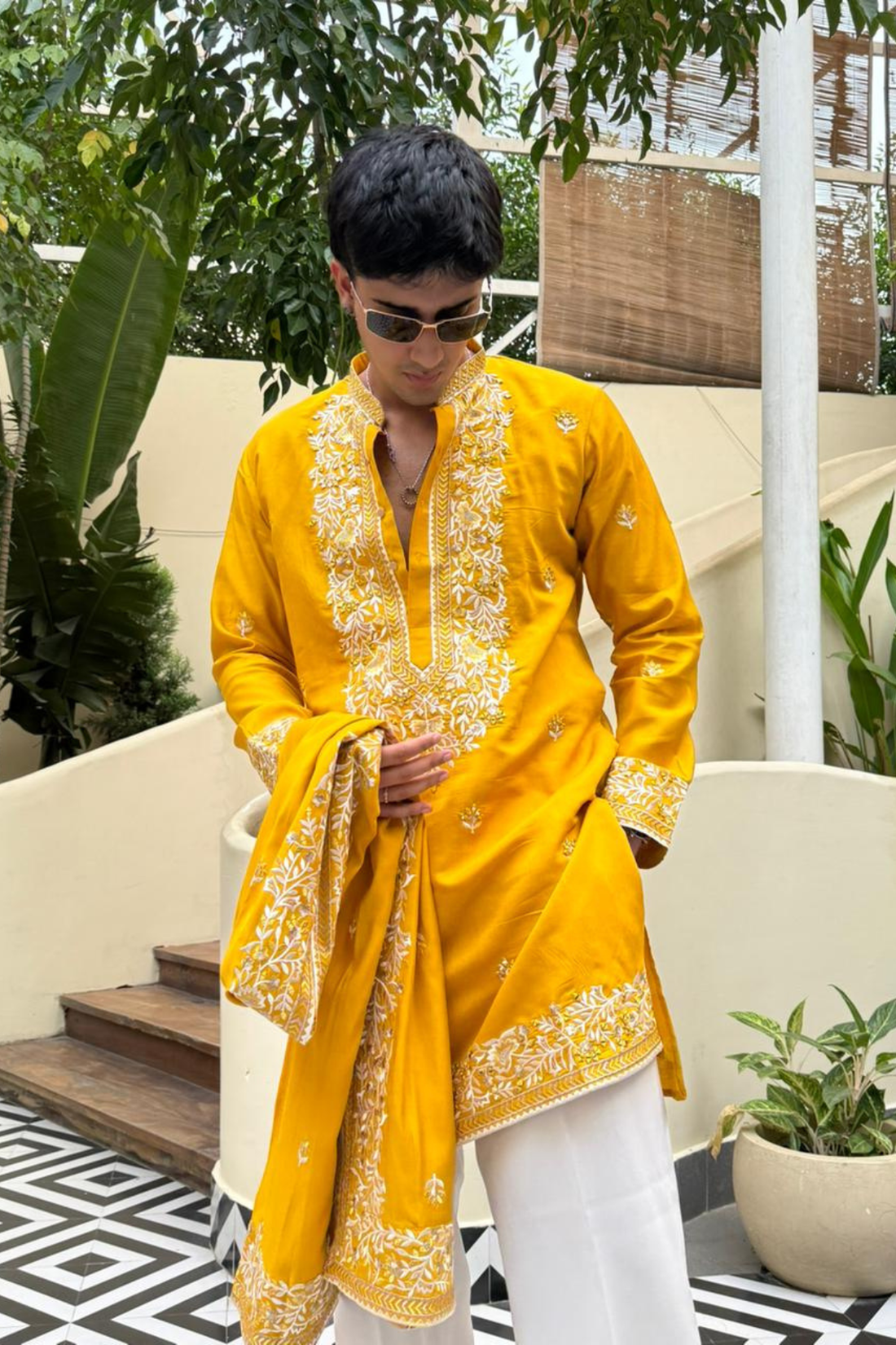 Marigold Yellow Men’s Hand-Embroidered Kurta Set with Thread Work & Dupatta| Paired With Luxury Korean Pants| Pre-Book Now(Delivery Time May Extend Slightly Due to High Demand)