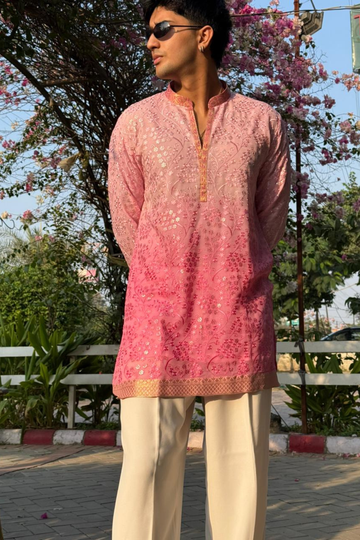 Baby Blush Ombré Heritage Embroidered Kurta Set Paired With Luxury Korean Pants