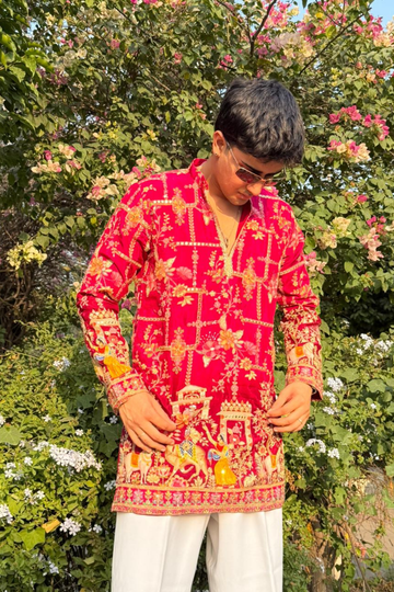 Royal Rani Pink Heritage Embroidered Kurta for Men Paired With Luxury Korean Pants