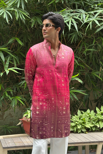 Rani Pink, Ocean Teal & Royal Mustard Ombre Banarasi Silk Kurta (Luxury Korean Pants)