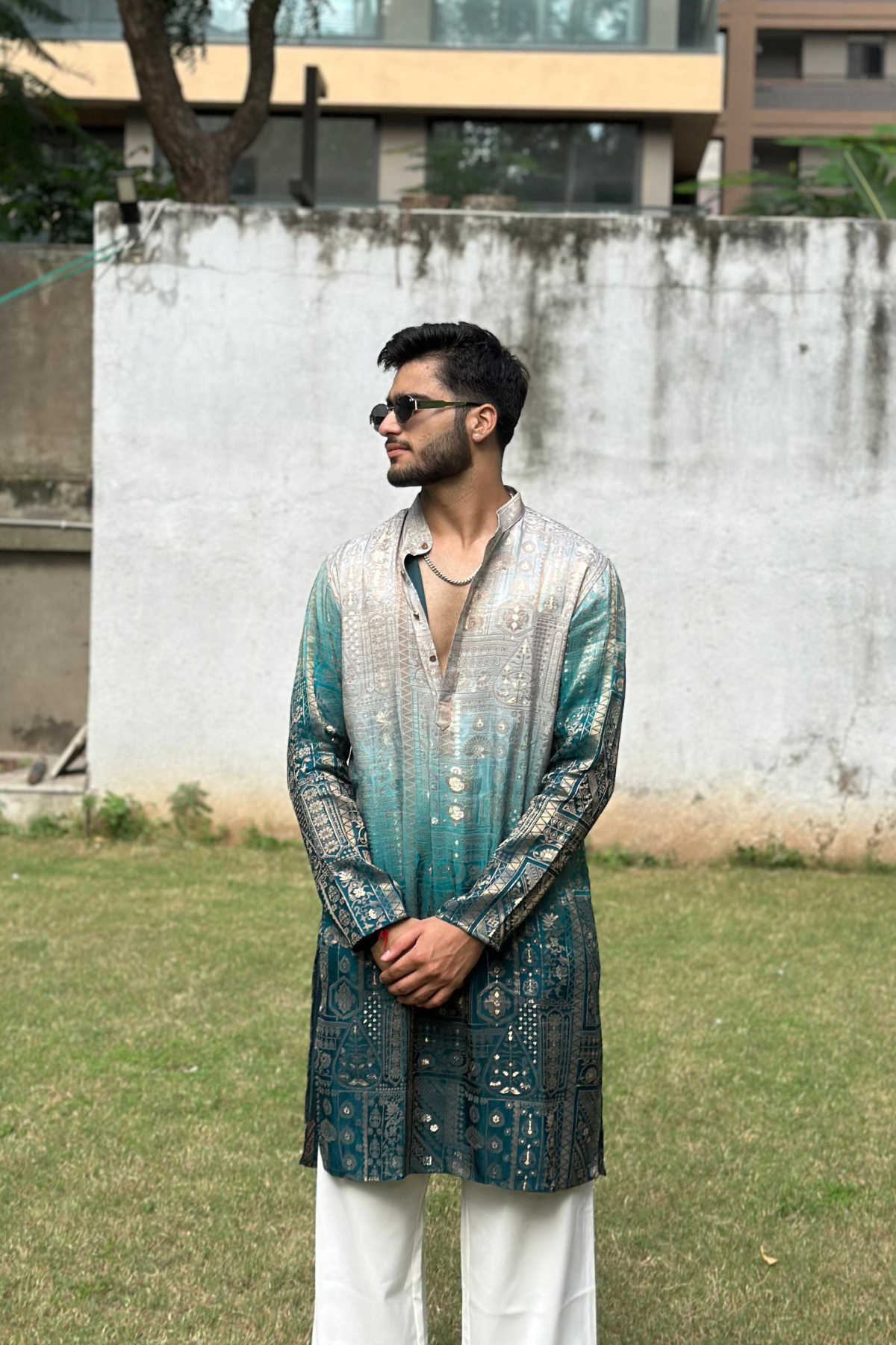 Teal Ombre Kurta Set With Luxury Korean Pants