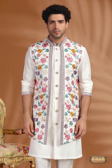 Carnival Floral Coti Kurta Set – Festive Elegance in White