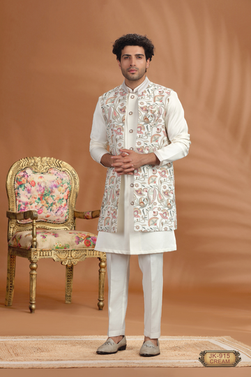 Man wearing cream sherwani with floral embroidery, standing beside ornate chair, traditional Indian wedding outfit.