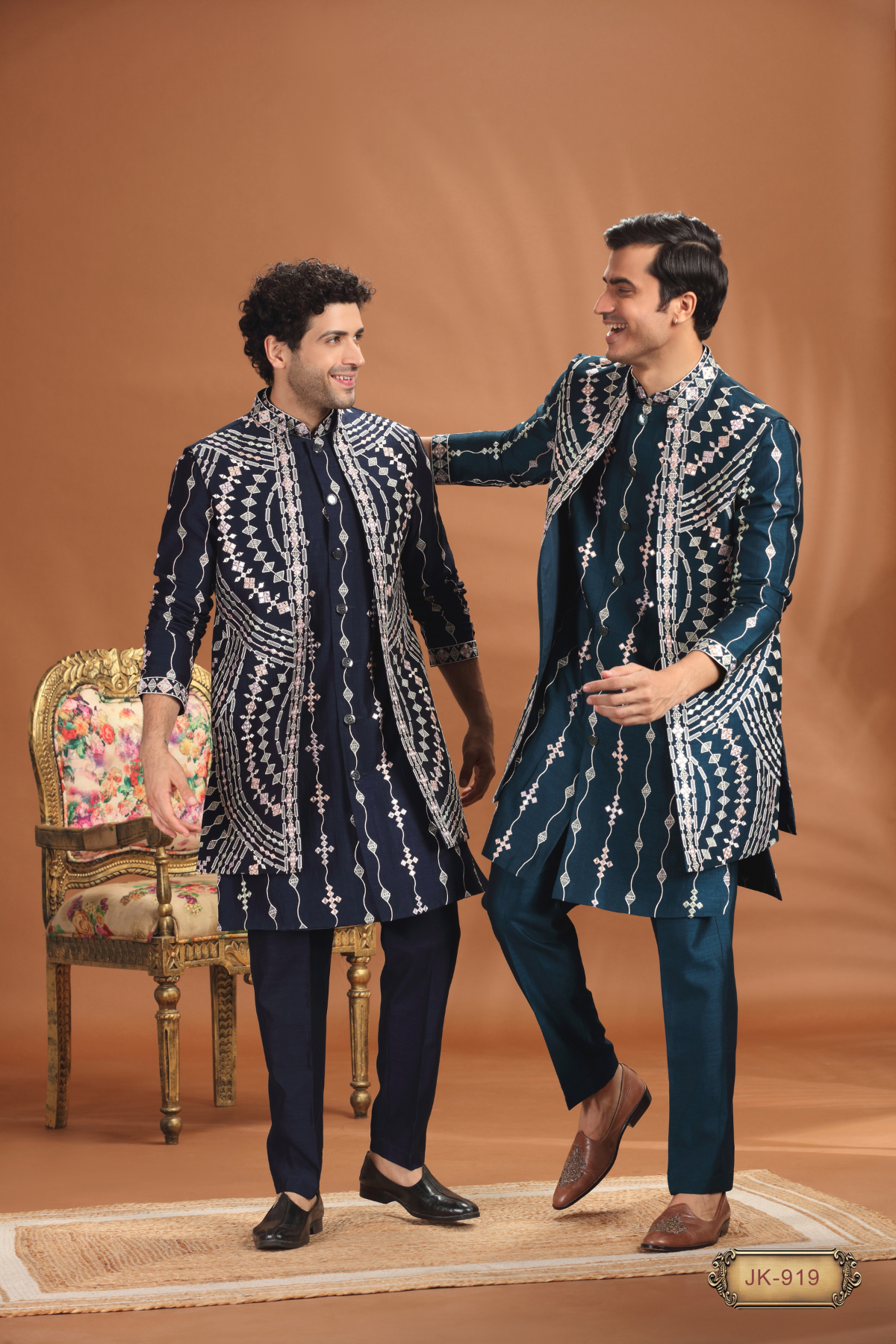 Designer Wedding Kurta Set for Men – Navy & Rama Embroidered Jacket Style