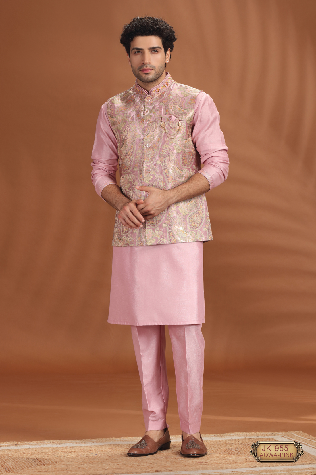 Soft Pink Ethnic Kurta Pajama for Groom & Engagement Functions with Embroidered Coti Set