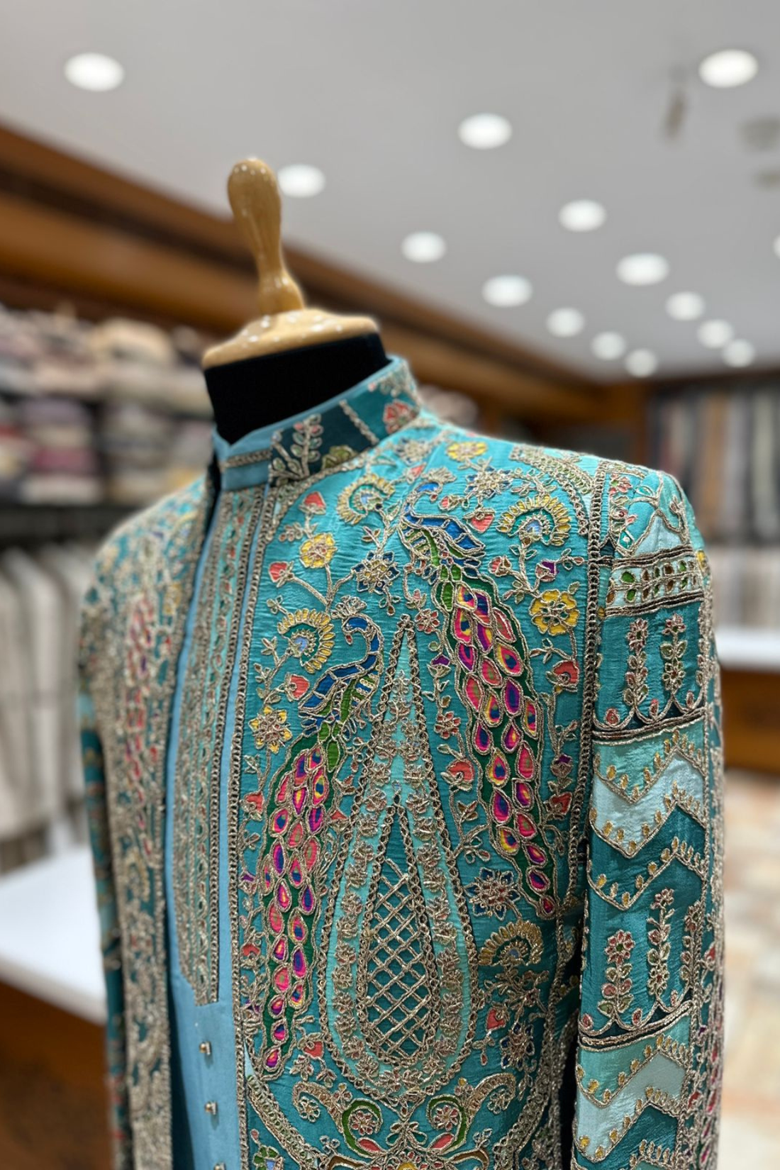 Teal Blue Heritage Embroidered Indo-Western Set