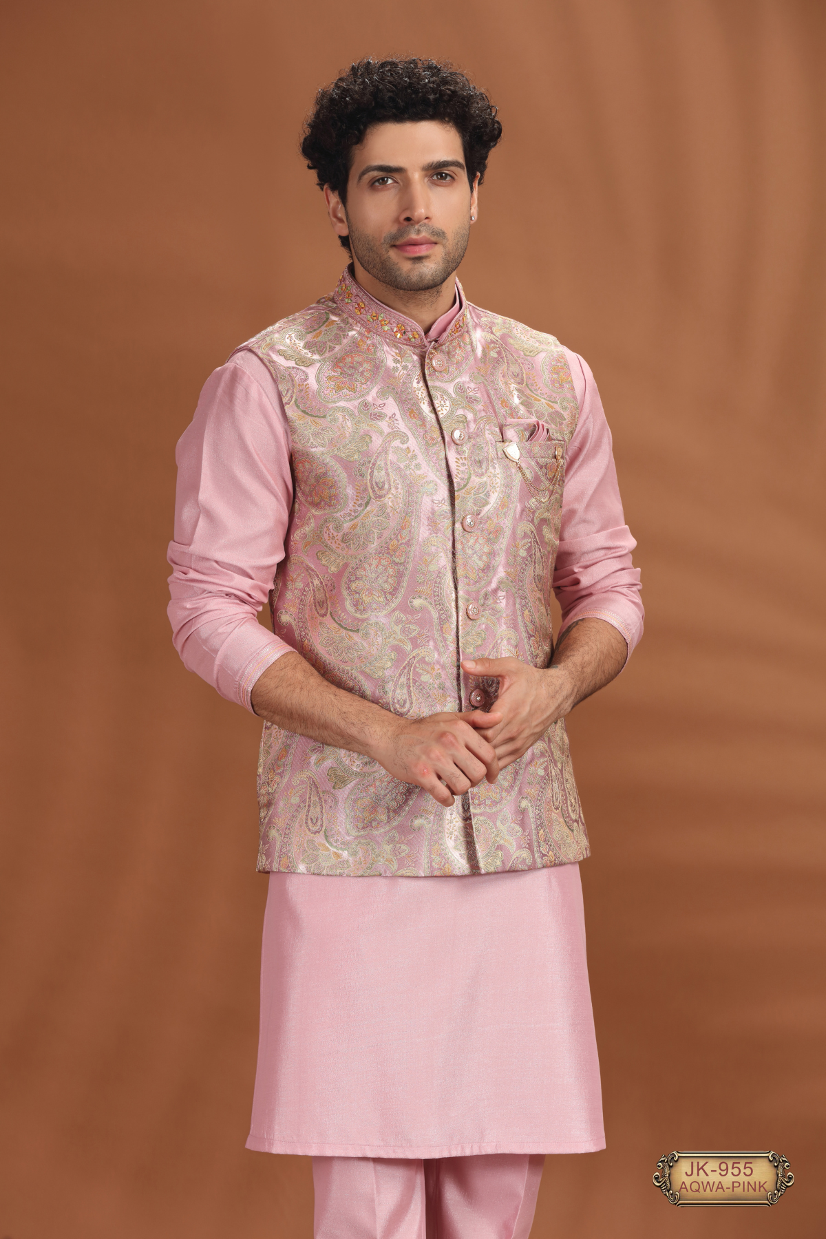 Soft Pink Ethnic Kurta Pajama for Groom Engagement Functions with  Embroidered Coti Set