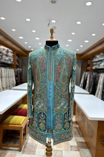 Teal Blue Heritage Embroidered Indo-Western Set