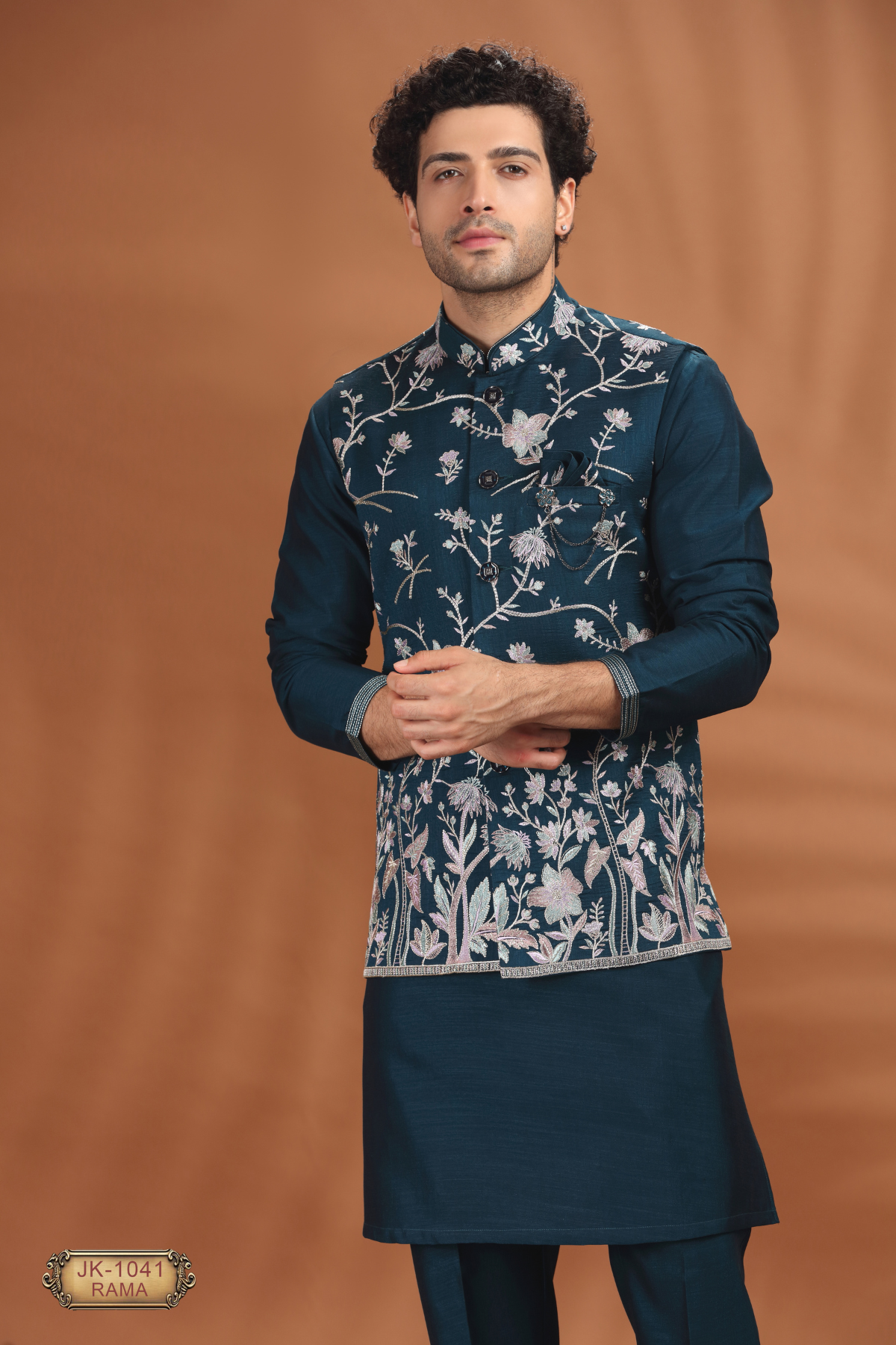 Floral Embroidered Coti Kurta Set for Men – Rama Blue & Wine
