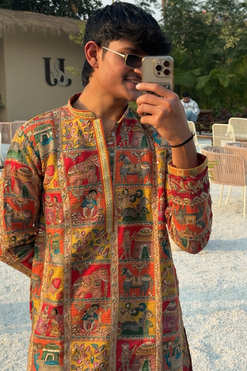 Haldi Kurta Pajama with Jari Thread Embroidery for Men (Korean-Style Parallel Pants)