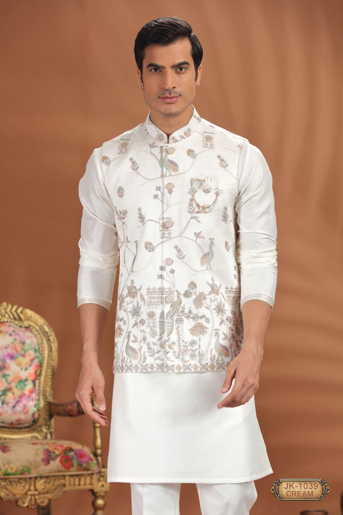 Cream Embroidered Coti Kurta Set for Men – Royal Wedding & Festive Wear