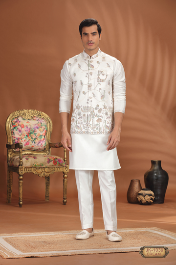 Cream Embroidered Coti Kurta Set for Men – Royal Wedding & Festive Wear