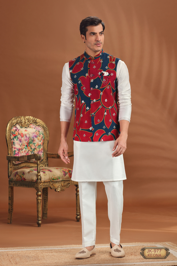 Keona Red & Blue Coti Kurta Set for Men | Wedding & Festive Wear