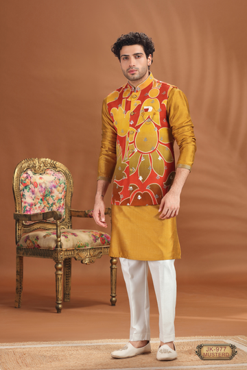 Mustard Heritage Coti Kurta Set for Men | Haldi & Wedding Outfit