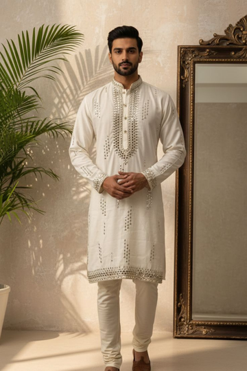 Royal Ivory Mirror Embroidered Kurta Set for Men with Polo Pants