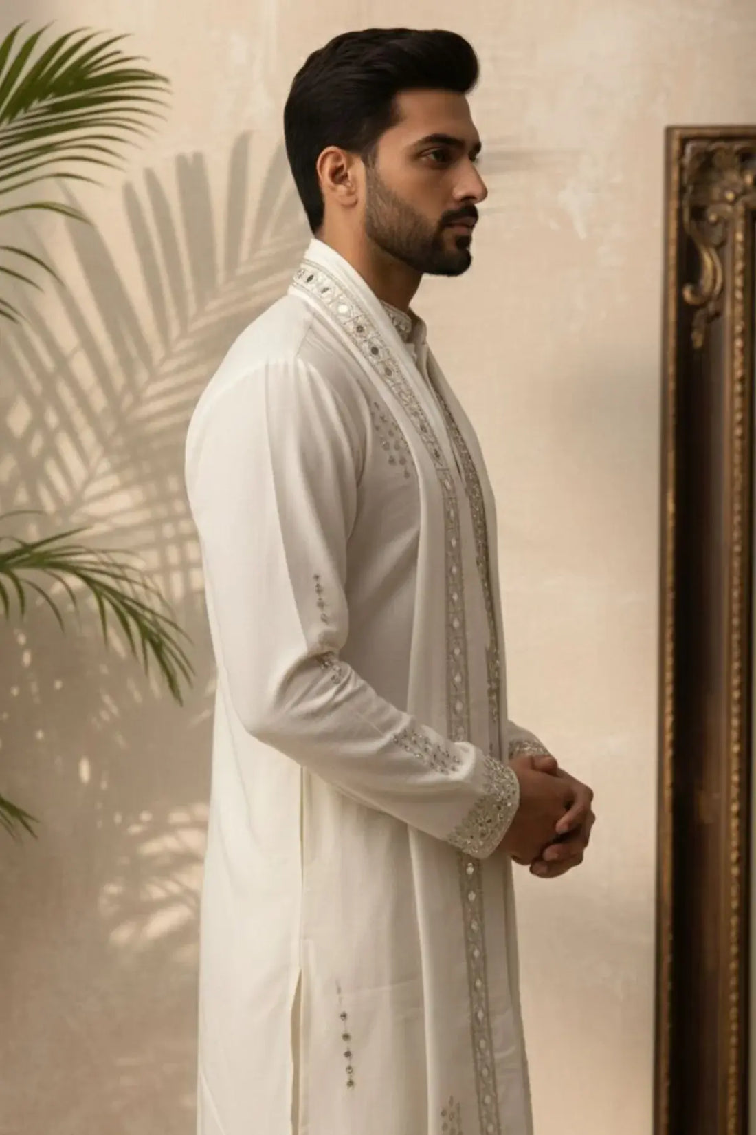 Ivory Mirror Embroidered Kurta Pyjama For Men (Polo Pants)