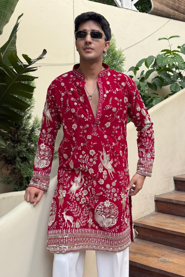 Luxury Red Zari Embroidered Kurta Set for Men
