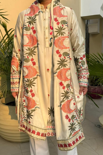 Beige Wildlife Motifs Embroidered Kurta Set With Stole