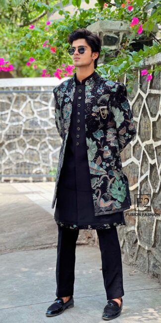 Rama Silk Detailed Floral Embroidered Open Jacket IndoWestern For Men