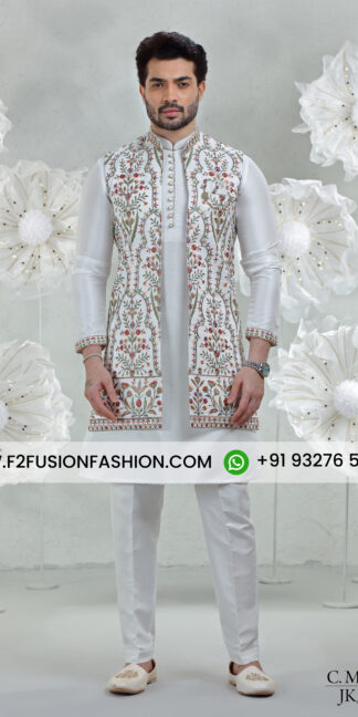 White Soft Silk Kurta Pajama with Multi-Embroidered Jacket