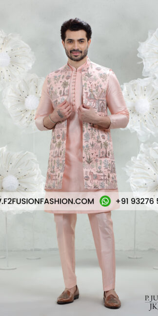 Pink Soft Silk Kurta Pajama with Nature Embroidery Jacket