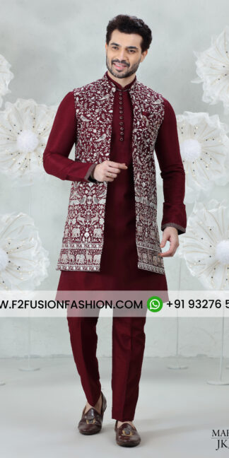 Maroon Soft Silk Kurta Pajama with Embroidered Jacket